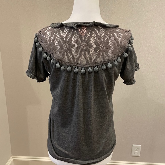 Anthropologie gray lace and pom pom shirt - Picture 5 of 6